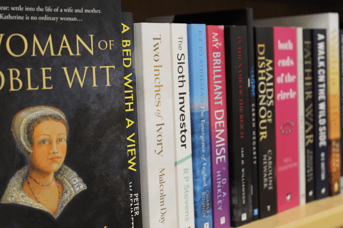 A row of professionally designed book covers on a shelf